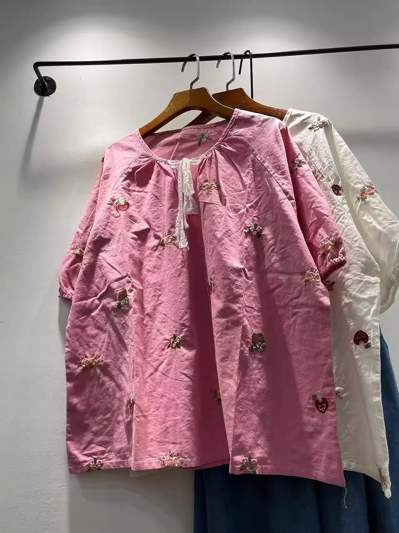 

2025 Mori girl sweet lace up pink white embroider shirts and blouses for women 100% cotton loose short sleeve tops cute clothes