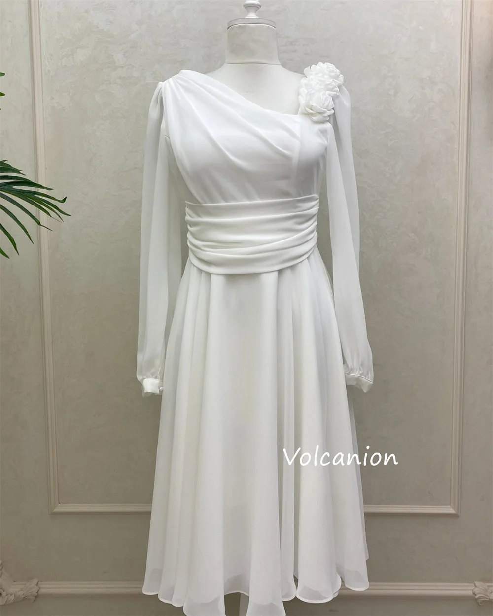 Gaun Midi A-line Bunga Buatan Tangan Terbungkus Sifon Kustom Tersedia Ukuran Kasual Sederhana Pesta Acara Dipesan Lebih Dahulu