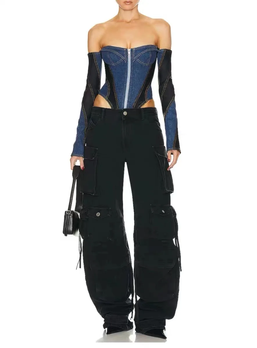 

Женский джинсовый комбинезон с открытыми плечами, контрастными вставками, длинными рукавами, застежкой-молнией спереди, облегающий, для клуба, вечеринок и уличной моды