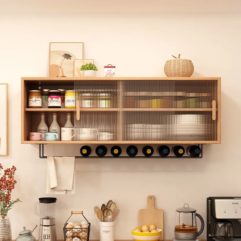 Wall cabinet Solid wood wall-mounted wall cabinet Storage dining side cabinet Living room storage Small apartment glass cabin et