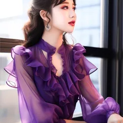 Ruffled Long Sleeve Collar Chiffon Shirt Lantern Purple Top Lightly Mature Vintage Silk Small