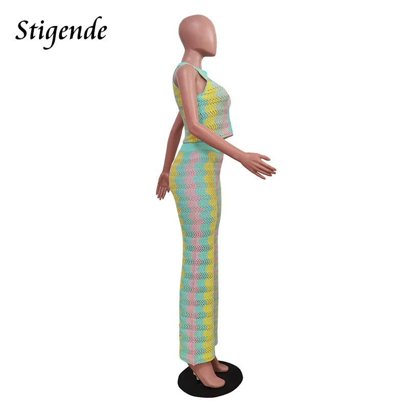 Stigende Striped Wave Knit Two Piece Set Women Hollow Out Crop Tank and Pants