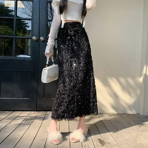 2024 الخريف والشتاء شرابة الترتر تنورة كبيرة الحجم ، أخت ممتلئة الرجعية رومانسية رائعة أنبوب مستقيم تنورة طويلة أفضل 10 تنورة مبيعات للنساء السمينات - No5