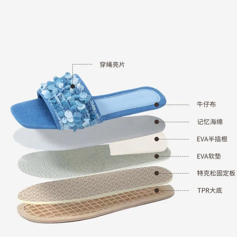 Luxury Sequins Decorated Pretty Slippers for Women High Quality Blue Denim Home Slippers Light Non-slip Comfortable Women Shoes