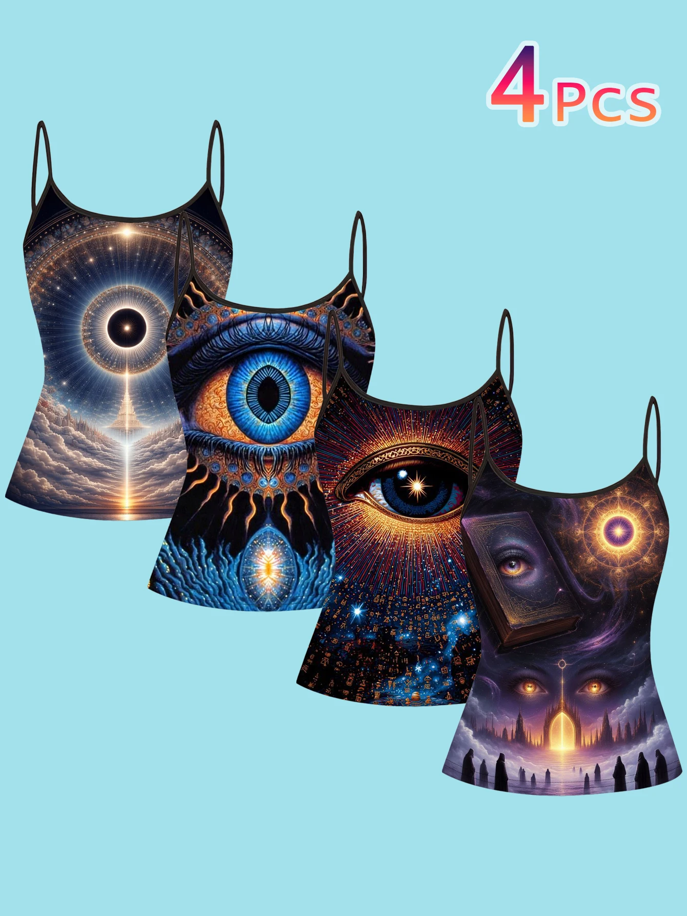 4-Piece Set of Women's Mysterious All-Seeing Eye Print Camisoles, Cosmic Star Magic Ancient Book Slim-Fit Spaghetti Strap Inner Tops