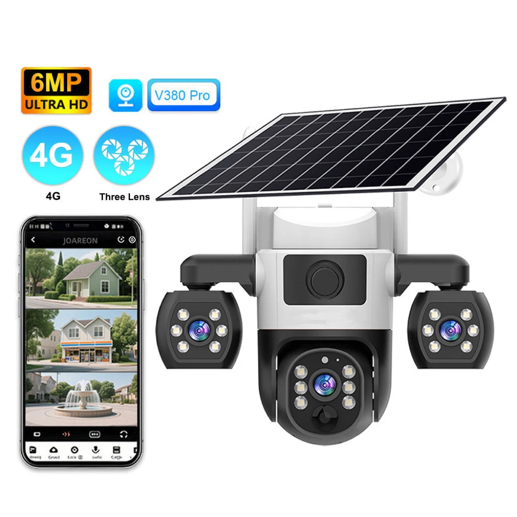 4G Wifi Solar Powered 6MP Triple Lens Security Camera Outdoor PTZ Full Color Night Vision Waterproof IP66 with Two-Way Audio