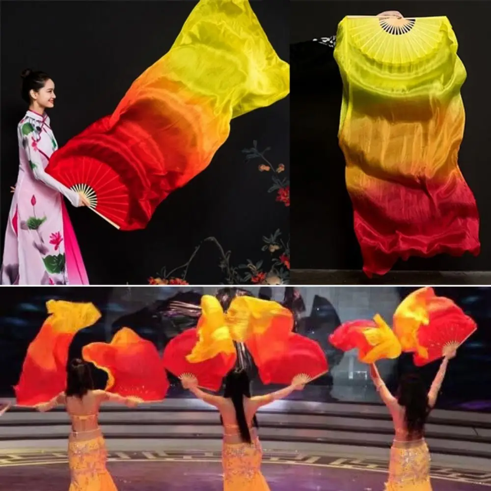 120/150/180cm Kid Women Belly Dancing Fan Tricolor Gradient Right&Left Hands Gradient Color Dancer Fan Rayon Silk Fans