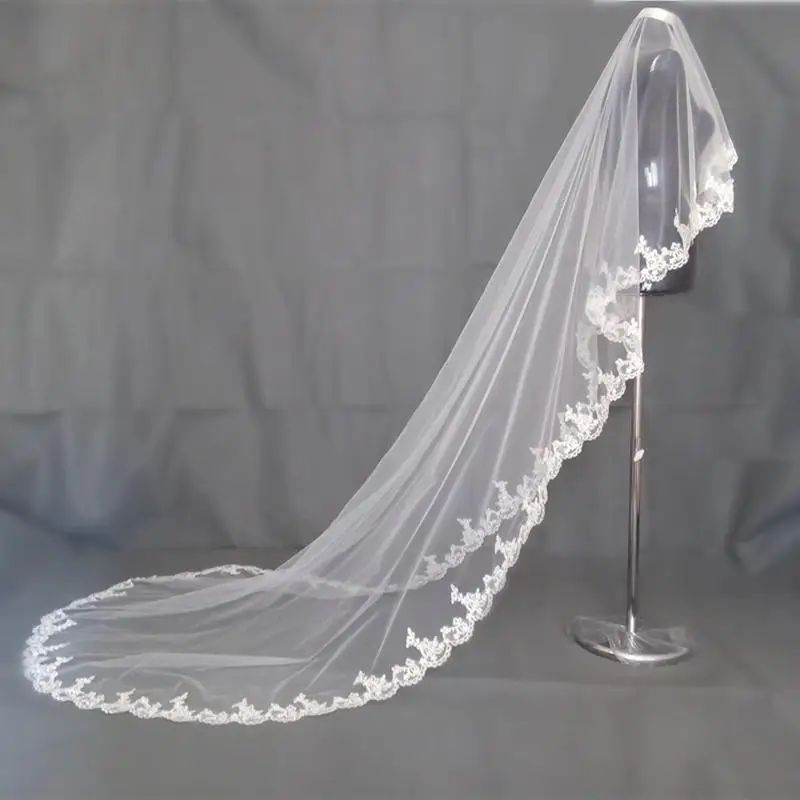 Layer One White Ivory Chapel Length Simple Elegant Wedding Veil Lace edge Bridal Accessories Veils Veu De Noiva