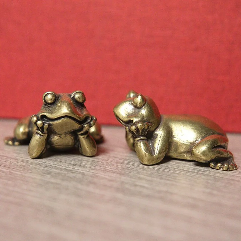 Brass Small Frog Miniatures Figurines Vintage Handmade Copper Animal Ornaments Home Decor Living Room Desktop Decorations Crafts