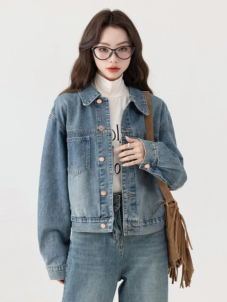 Damska kurtka jeansowa w stylu retro Hong Kong, luźna, uniwersalna, wyszczuplająca, zapinana na guziki, z kołnierzykiem, długa rękaw.