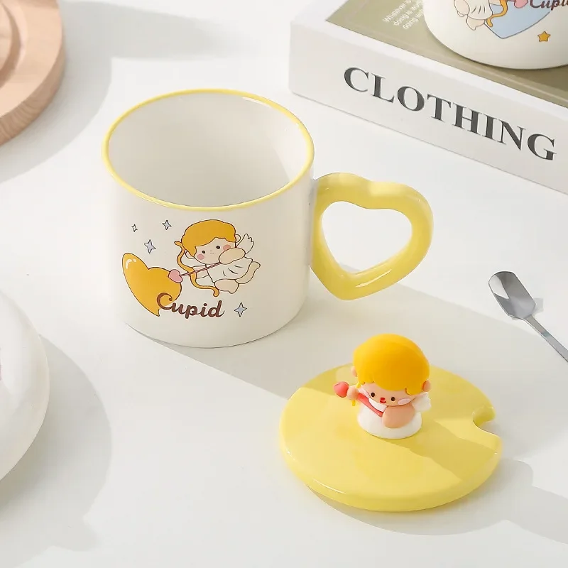 Cartoon Good-looking Mug, Ceramic Mark Cup Cover Handle Spoon, Breakfast Coffee Milk Tea Fruit Juice Household items, 350ml, 1Pc