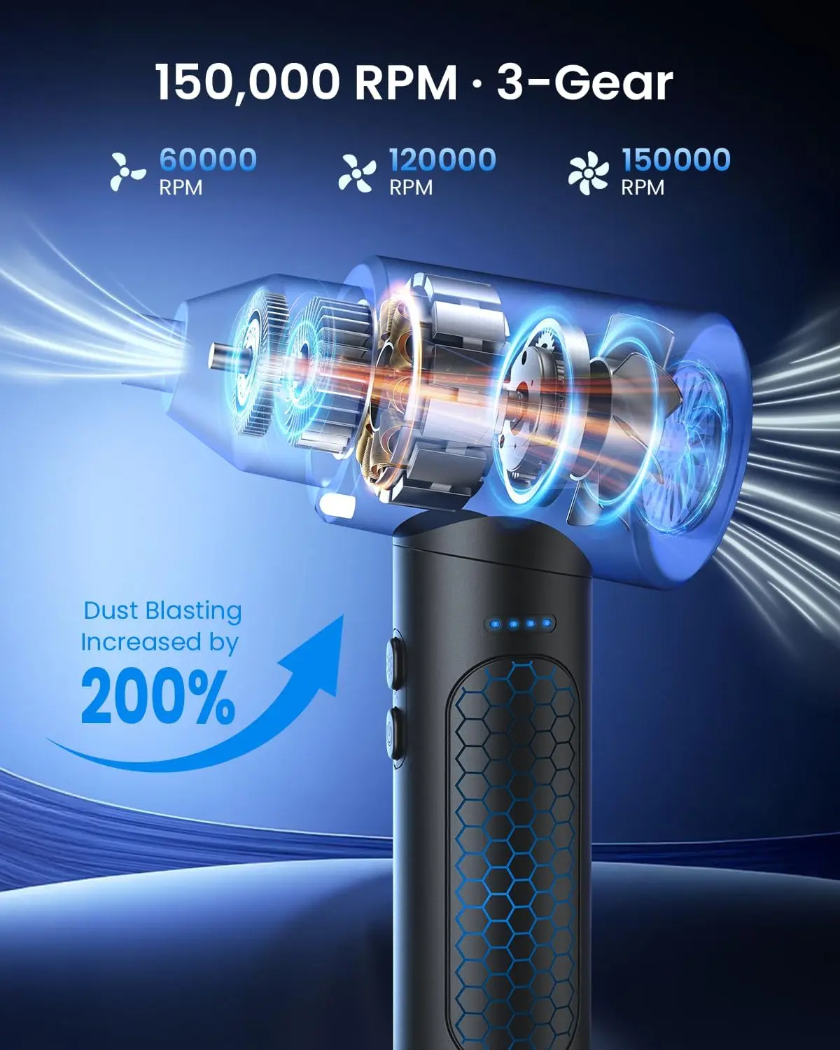 منفضة هواء مضغوطة 100000 دورة في الدقيقة منفاخ هواء كهربائي محمول ومكنسة كهربائية، 3 سرعات، ضوء LED، لوحة مفاتيح ومجموعة تنظيف السيارة