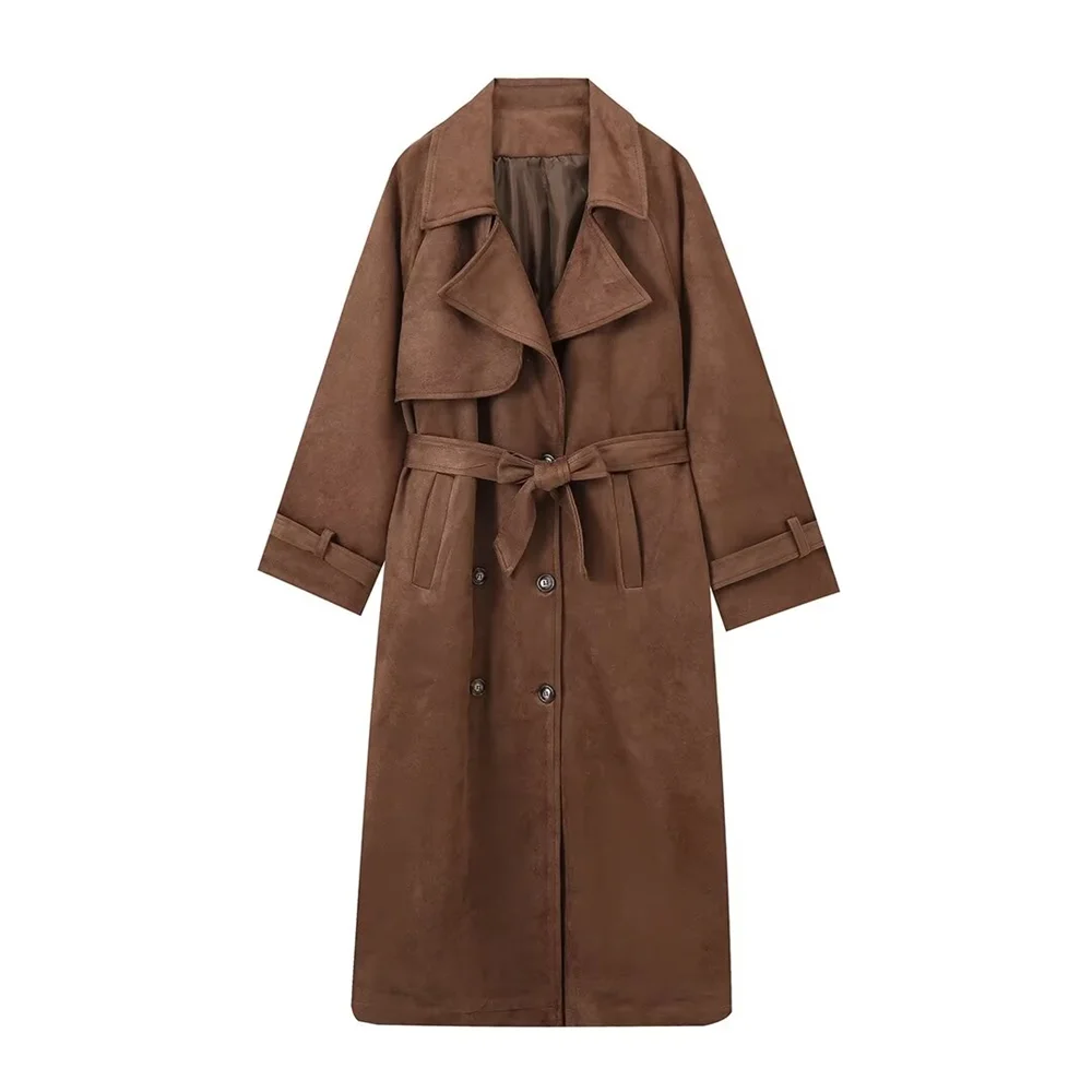 TRAF autumn new women's fashionable casual lapel retro double breasted lapel long sleeved trench coat jacket