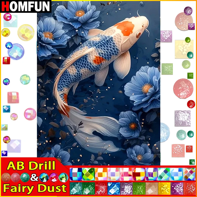 HOMFUN Fairy Dust AB 5D DIY Diamond Painting "Animal Fish Koi" Full Drill Resin Diamond Embroidery Cross Stitch Home Decor