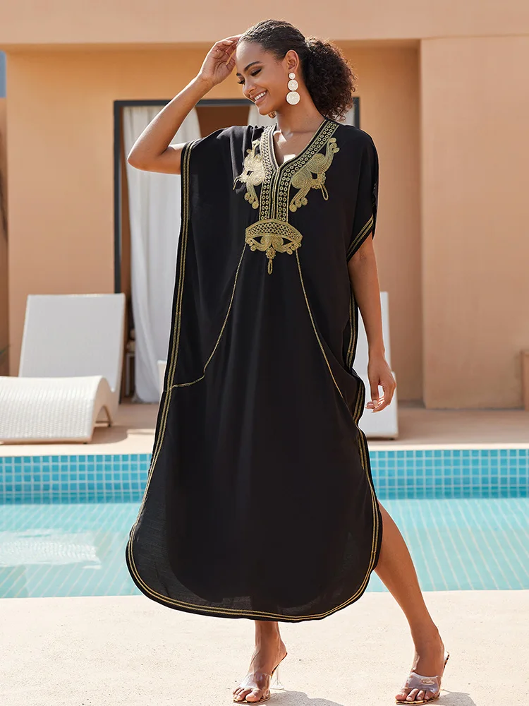 2024 Vintage Embroidery Kaftan Sexy V-neck Batwing Sleeve High Waist Maxi Dress Tunic Women Clothing Summer Beach Dresses Q660