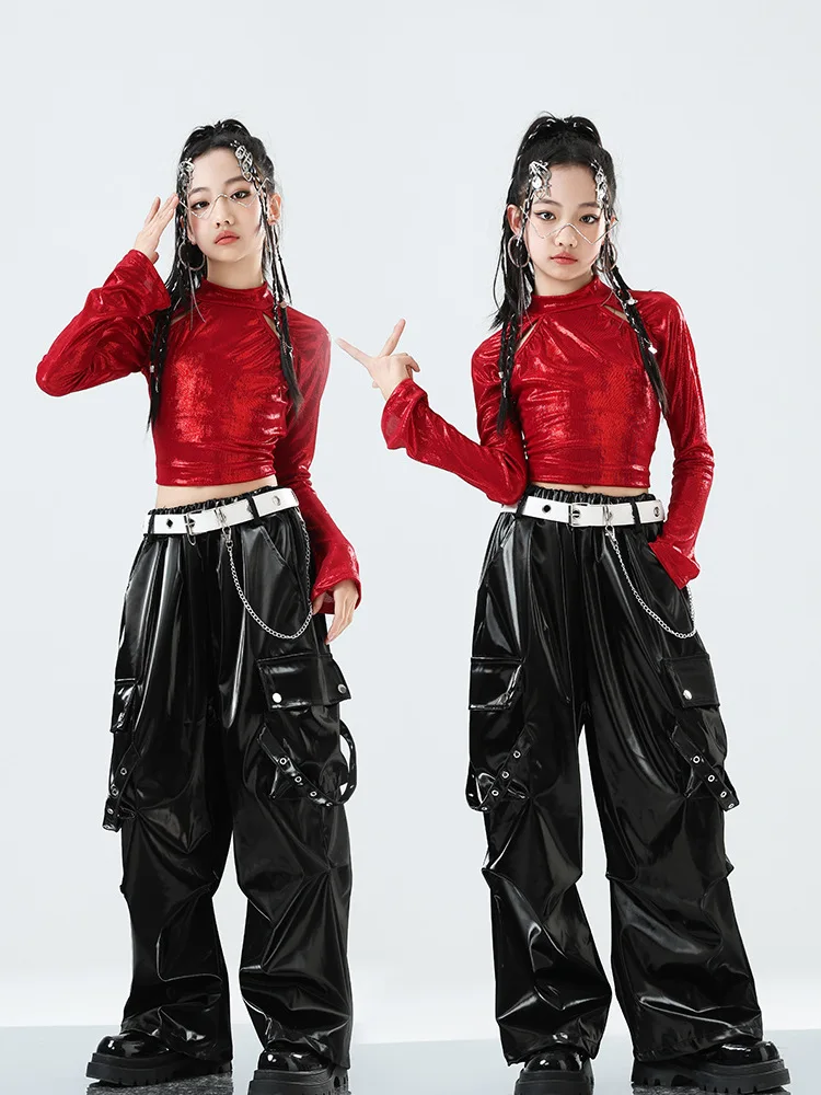 Kids Street Dance Clothing Girls Hip Hop Outfits Red Tops Black Pants Jazz Performance Clothes Group Competition Wear