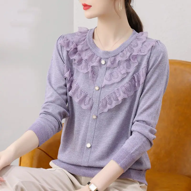 2023 Autumn/Winter New Round Neck Fashion Lace Lace Sweater Korean Loose Pullover Long Sleeve Office Lady Wild Solid Slim Knit