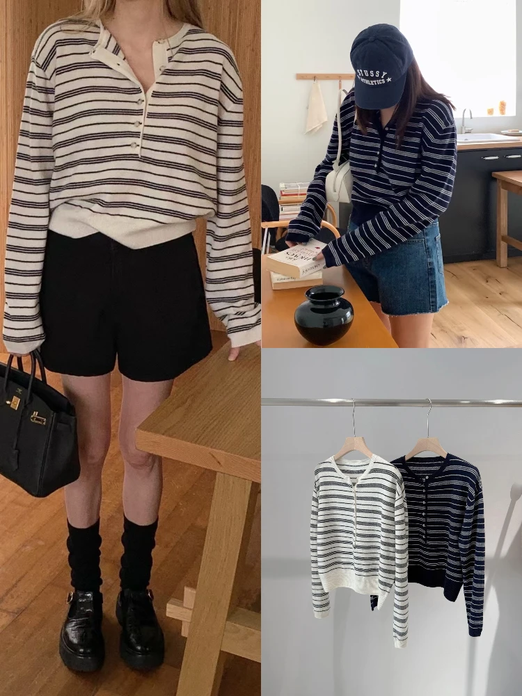 

Свободный длинный женский вязаный свитер светя на пуговицах в полоску, винтажный повседневный топ Dongda Gate, трикотаж на пуговицах в полоску для малышей