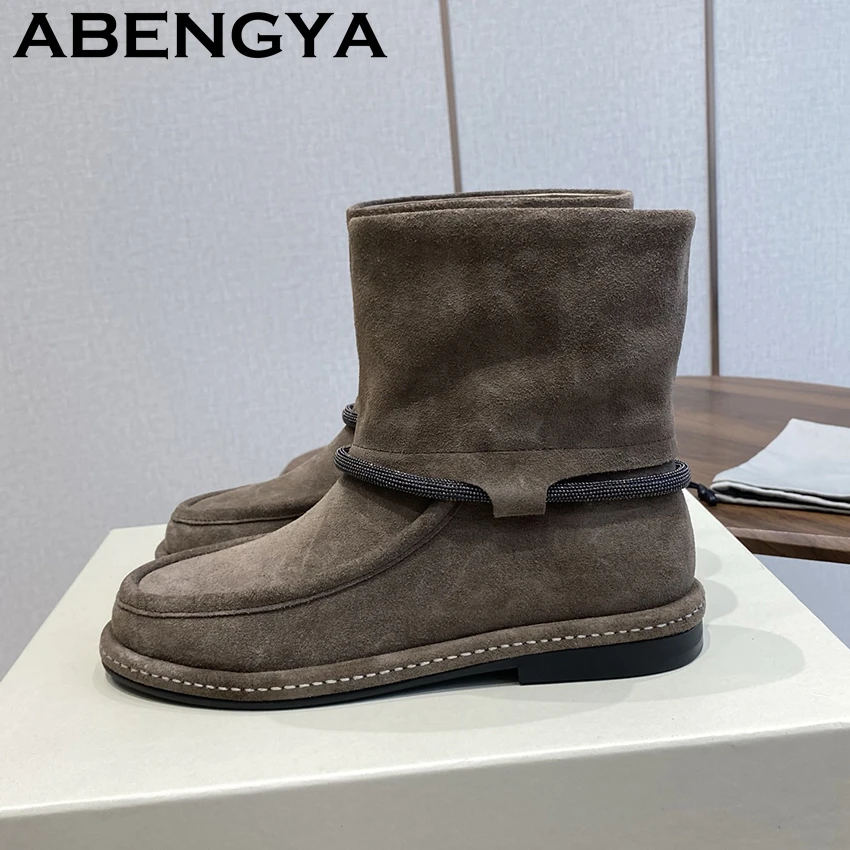 2025 Autumn Suede Leather Ankle Boots For Women Round Toe String Bead Chelsea Boots Casual Comfort Flat Sole Short Boots Female