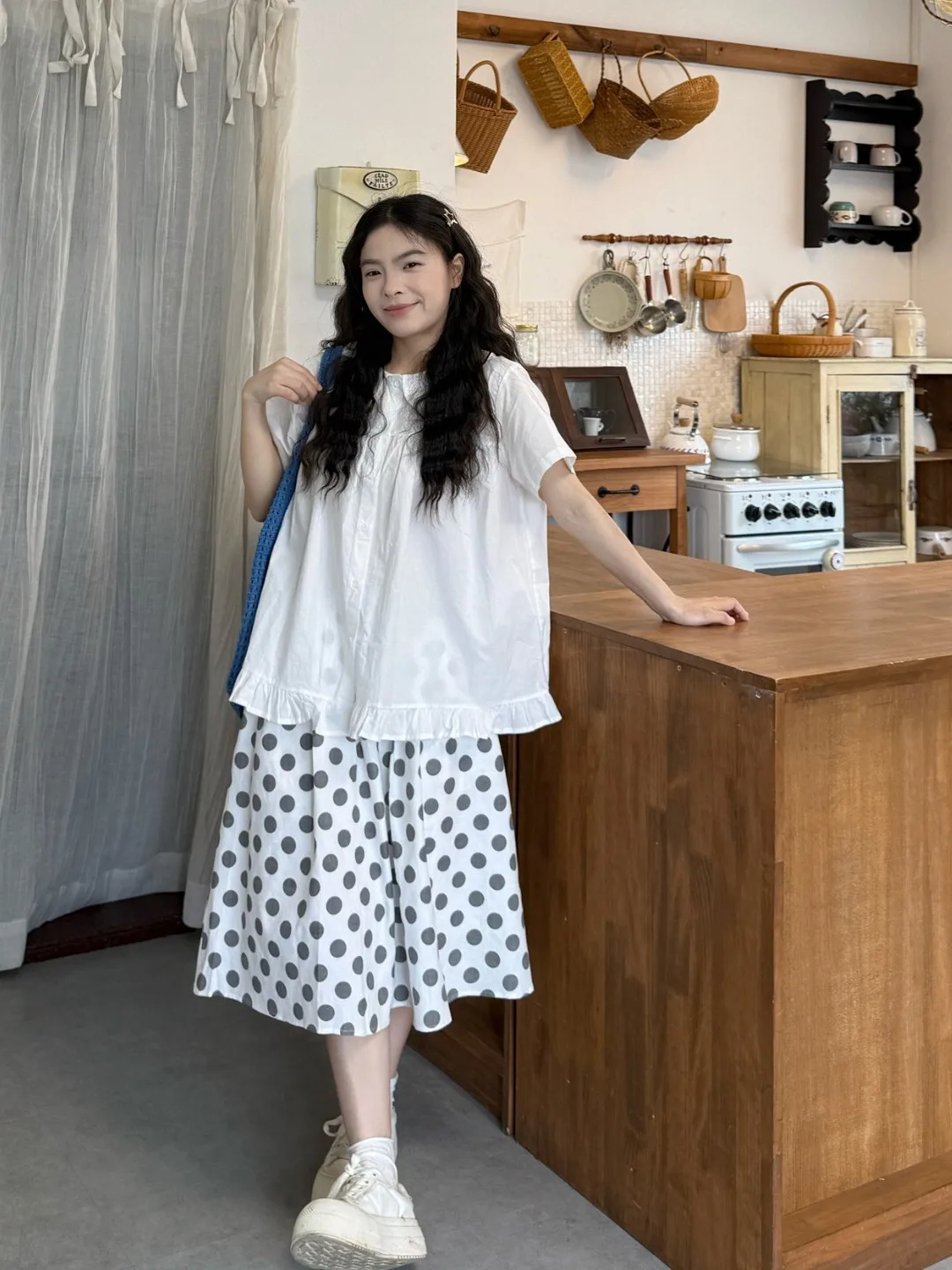 

plus Size Women's Retro Japanese Style Short Sleeve Doll Collar Shirt High Waist Polka Dot Skirt Summer Fashion Trend