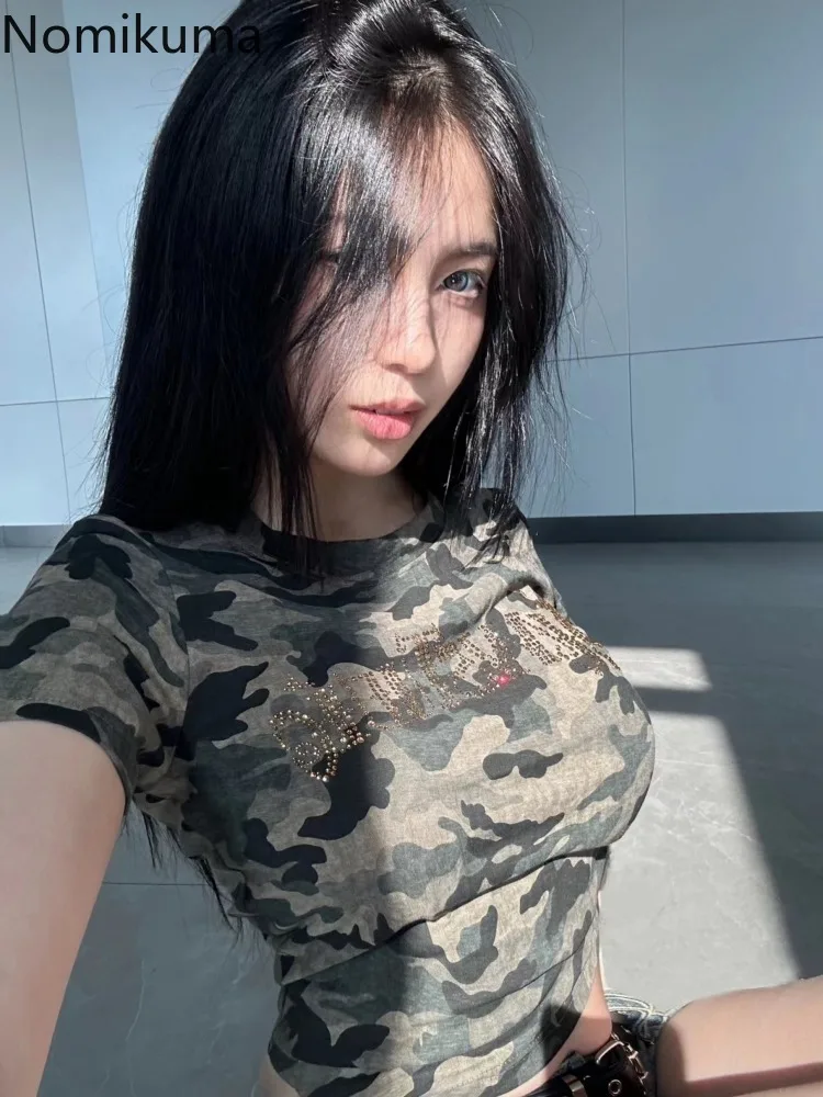 Cotton Tshirts Women Fashion Streetwear Camouflage Crop Tops 2024 Ropa Mujer Short Sleeve O-neck Tees Vintage Y2k T-shirt 27v910