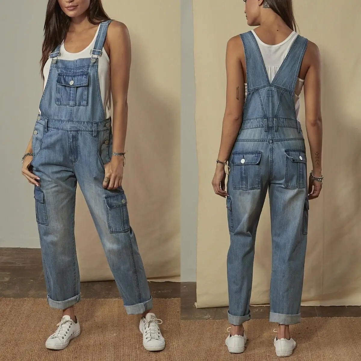 

Low Waist Perforated Multi Pocket Denim Strap Jumpsuit Long Pants Female Fashion Autumn Season No Brand Registered Trademark