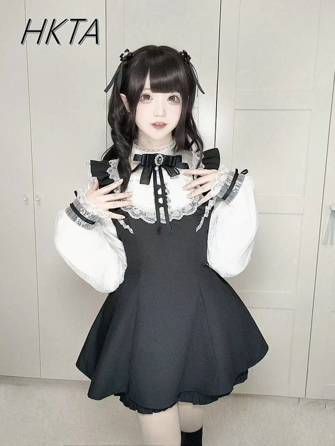 

Массовое производство японского стиля, костюм с короткими рукавами, женский костюм в стиле Лолиты, кружевной бант, Blusas, клетчатое тонкое платье с высокой талией