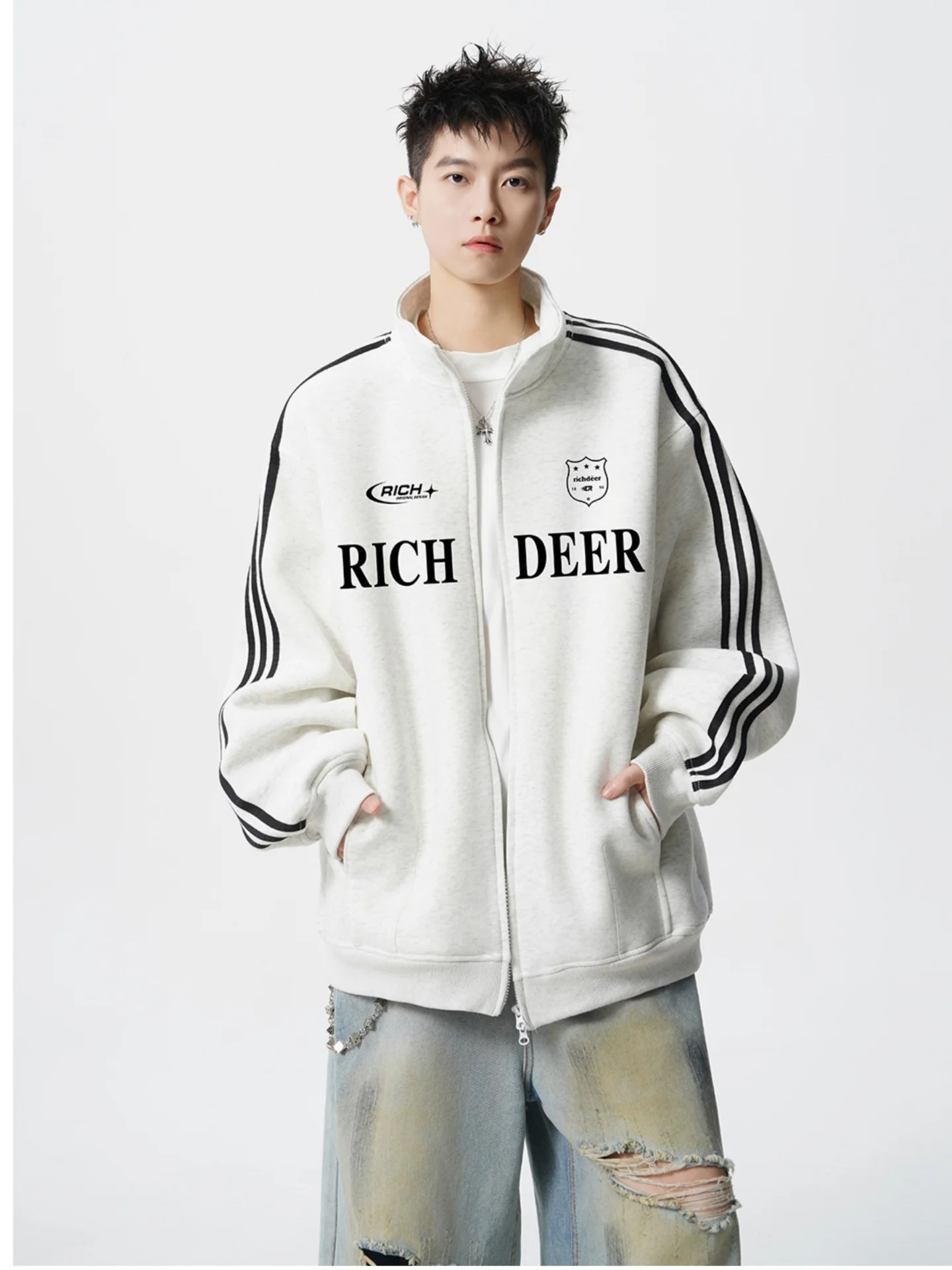 

Мужская толстовка на молнии с американским ретро-принтом, спортивный топ с надписью, свободный крой, осенний, удобный, с длинными рукавами, высоким воротником