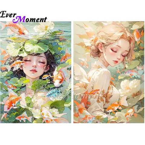 Ever Moment – peinture diamant sirène asiatique, fille et poisson en Lotus, Kit de points de diamant de Style coréen et japonais, image artistique ASF2903