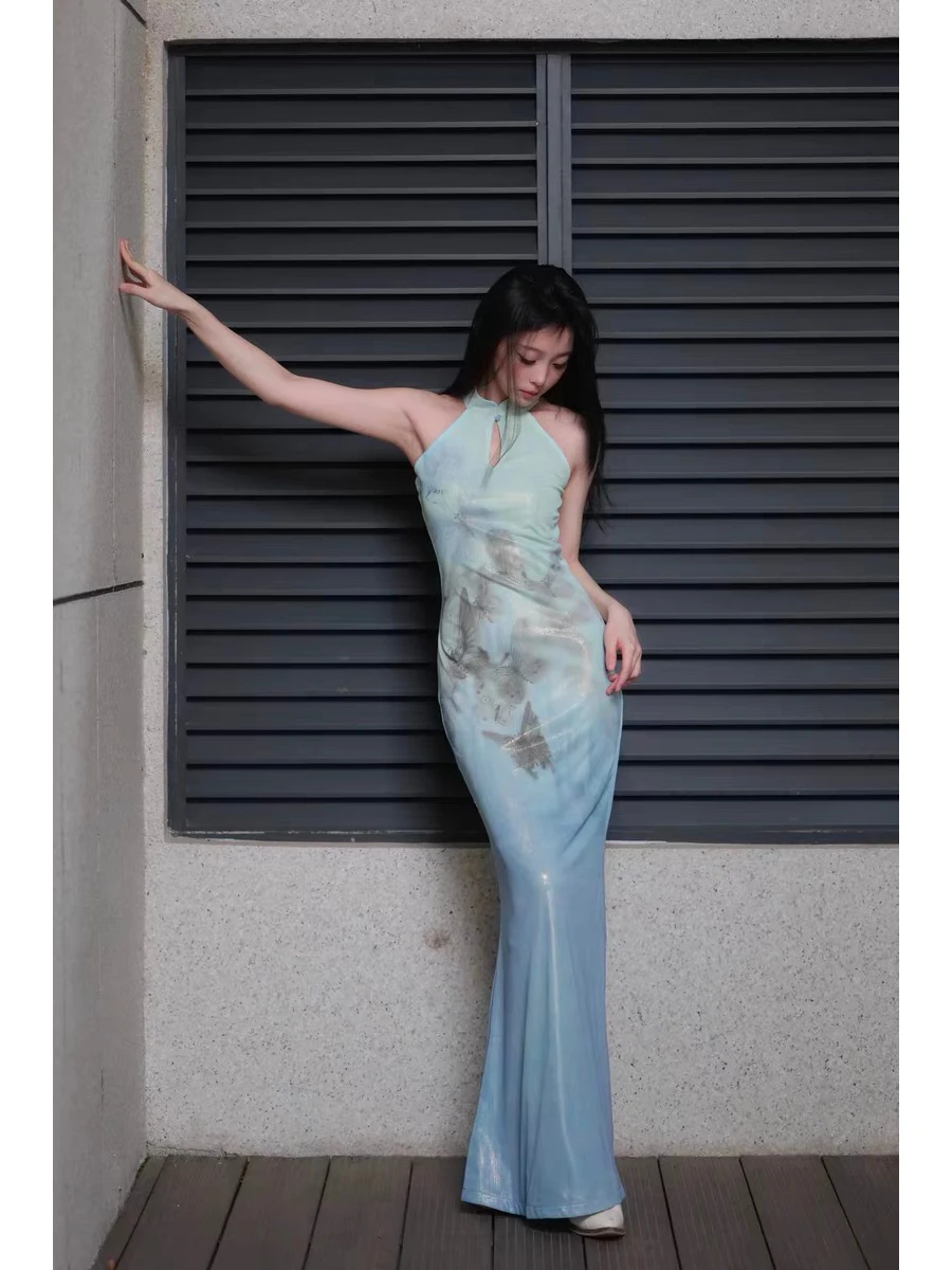 

Print Long Neck Fish Tail Dress Women's Summer New Style Gown Elegant Ladylike Daily Wear No Slits Chinese Origin