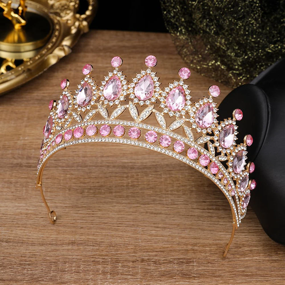 Luxury Royal Blue Pink Crystal Water Drop Bridal Tiaras And Crown Prom Diadem For Wedding Dubai Women Hair Jewelry