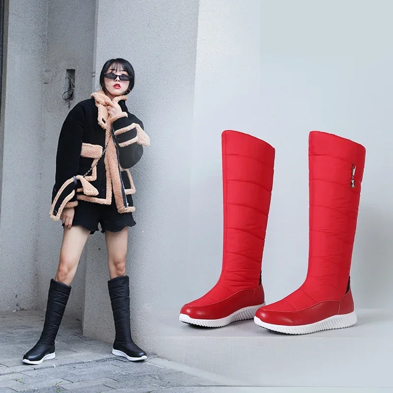 2026 Warm Plush Genuine Leather Women Snow Boots White Red Crystal Casual Travel Ladies Crystal Winter Knee-high Platform Boots