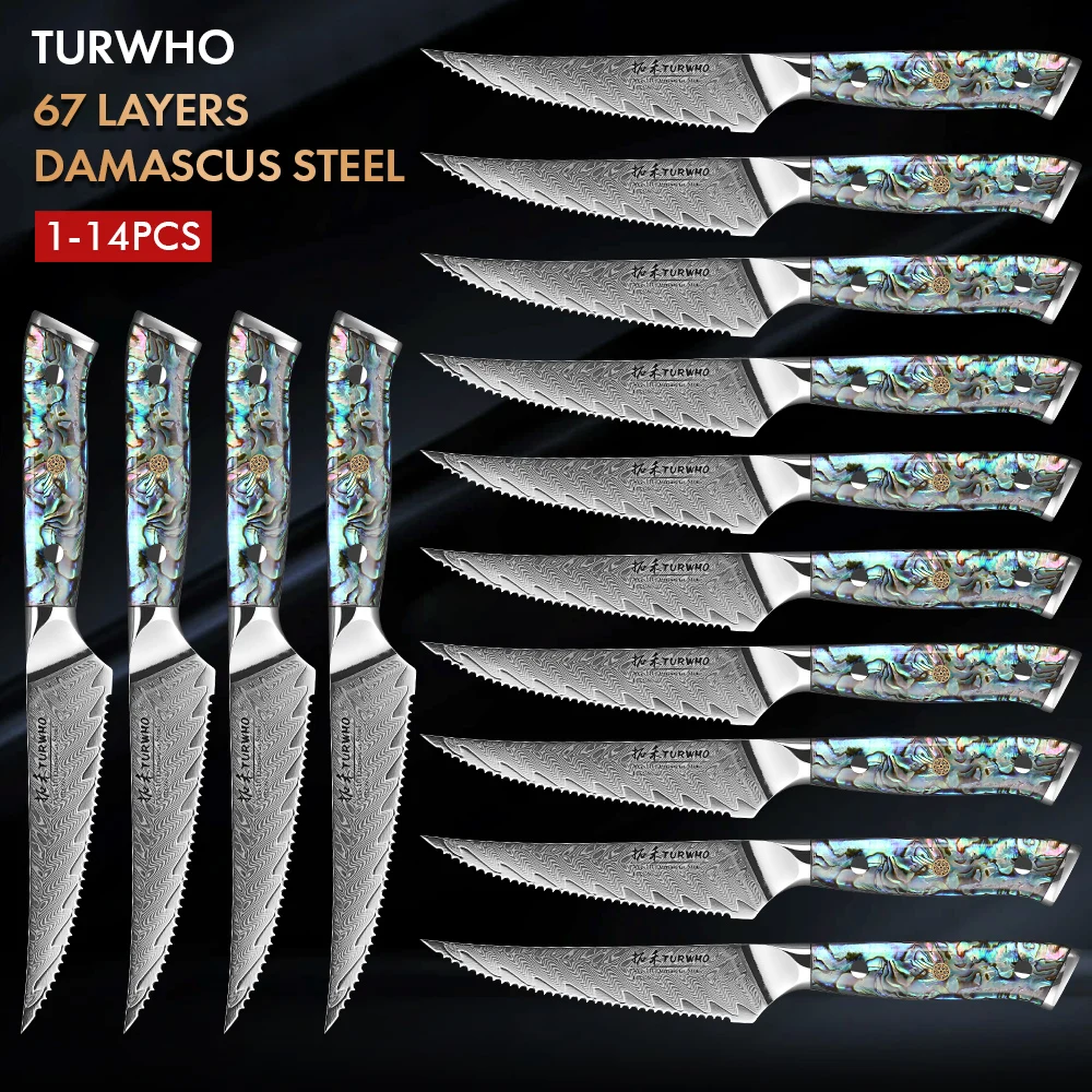 TURWHO 1-14PCS 5-inch Beef Steak Knife Set 67 Layer Damascus Steel Kitchen Knives Set Chef Meat Slicer Utility Serrated Knife