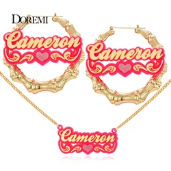 DOREMI ONE Set Customized Words Name Stainless Bamboo Hoop Earrings Acrylic Necklace Jewelry Set Personalized Letters With Heart