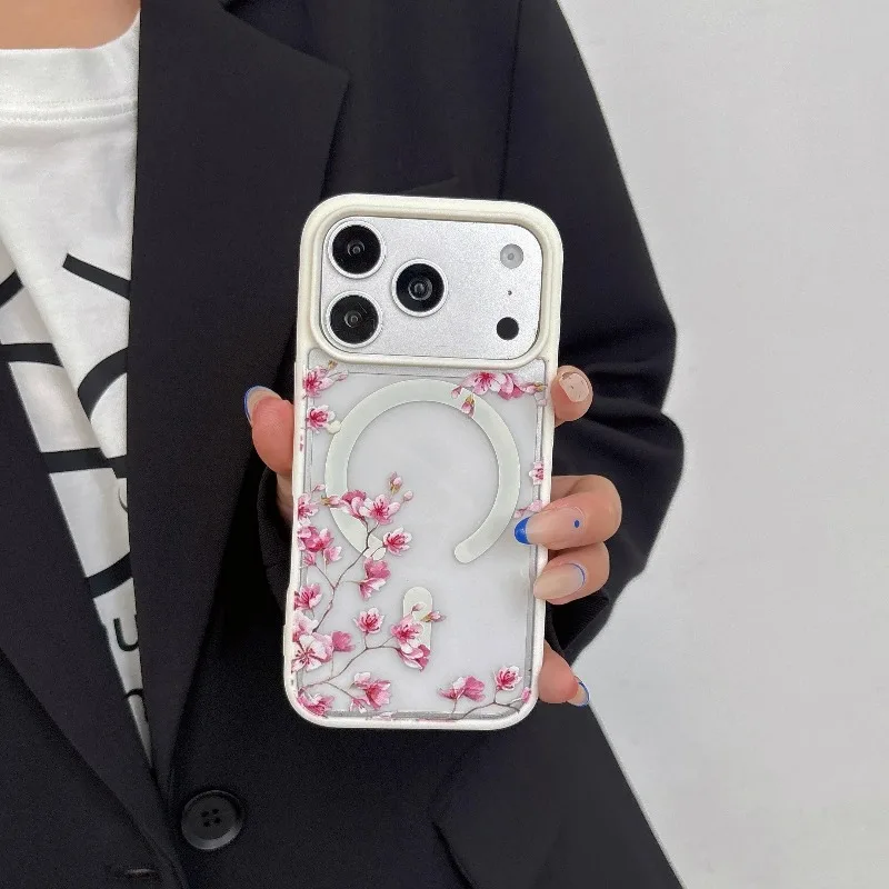 INS Pink Cherry Flower Clear Background Design Phone Case For iPhone 18 17 15 14 13 16 Pro Max Plus For Magsafe Charge Cover view 2
