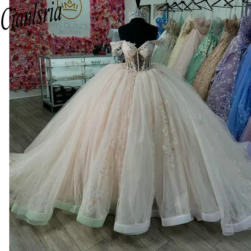 Gorgeous Illusion Beading Crystal Quinceanera Dresses Ball Gown Off The Shoulder Appliques Customized Corset Dresses Of XV Anos