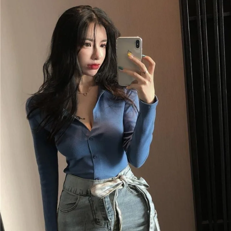 

Women's Polo 100℅ Cotton Shirts Female Tee Button Sexy Crop Top Slim T-shirts Blue High Quality Pretty Korean Popular Clothes