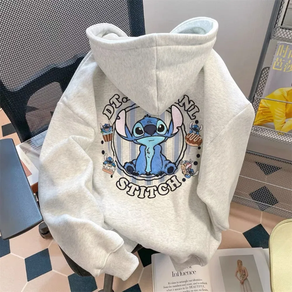 

Stitch Cute Printed Fleece Hoodie Autumn Winter Loose Casual Sweatshirt Versatile Long Sleeve Pullover Students Teens Daily Wear