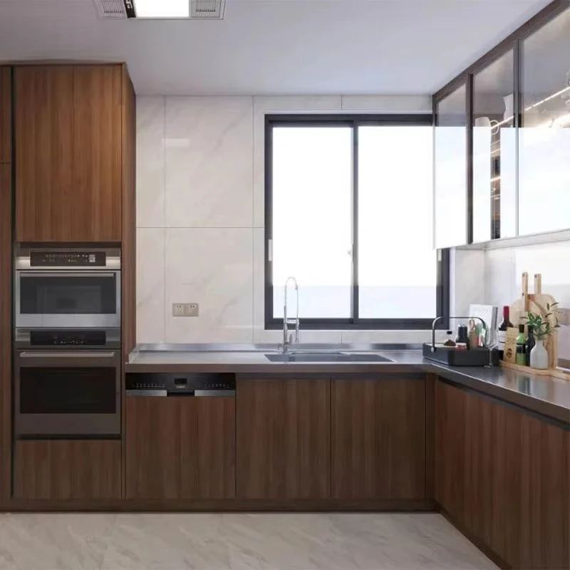 *d%#V Ultra Modern Kitchen 304 Stainless Steel Wood Grain Open Storage Shelf Storage Rack Kitchen Cabinets.w