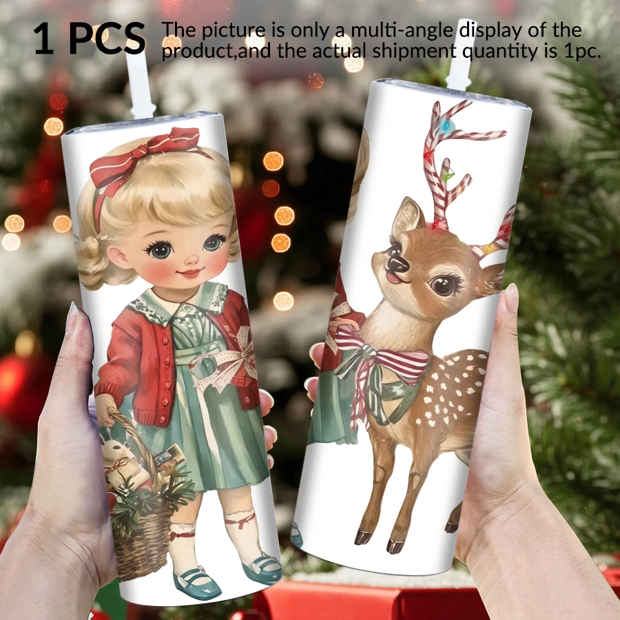 1pc 20Oz stainless steel straight cup with lid straw Little girl and deer elements are suitable forChristmasand Halloweenasgifts