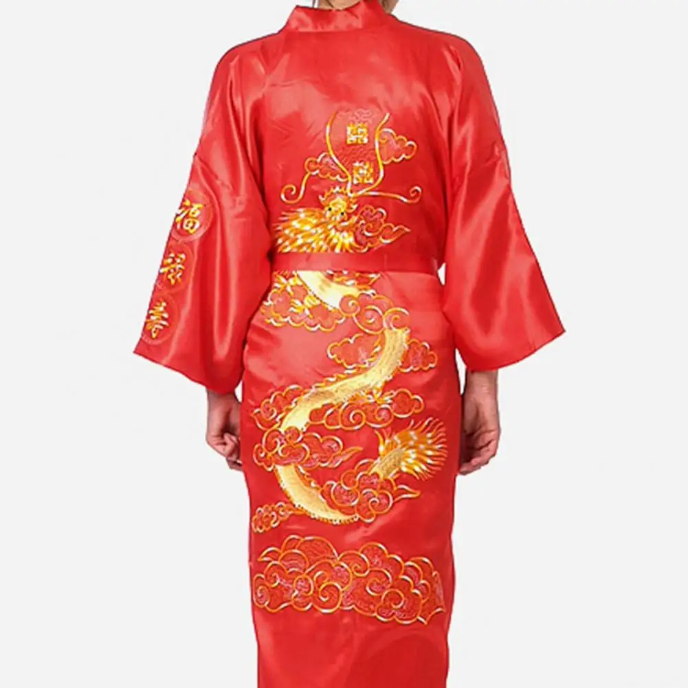 Dragon Pattern Nightwear Dragon Embroidered Men's Satin Nightgown with Chinese Style V Neck Lace-up Strap Tang Suit for Home