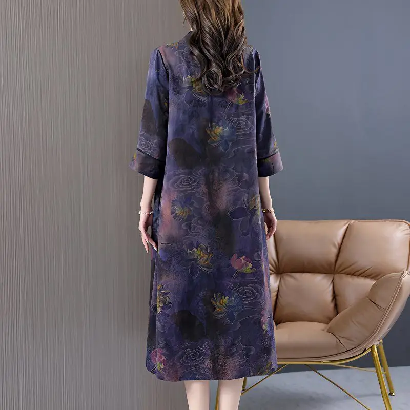 2025 New Spring Summer Dress Women V-neck Printed Floral Dress Fashion Long-Sleeved Loose Silk Dresses Ladies Plus size Sundress view 3
