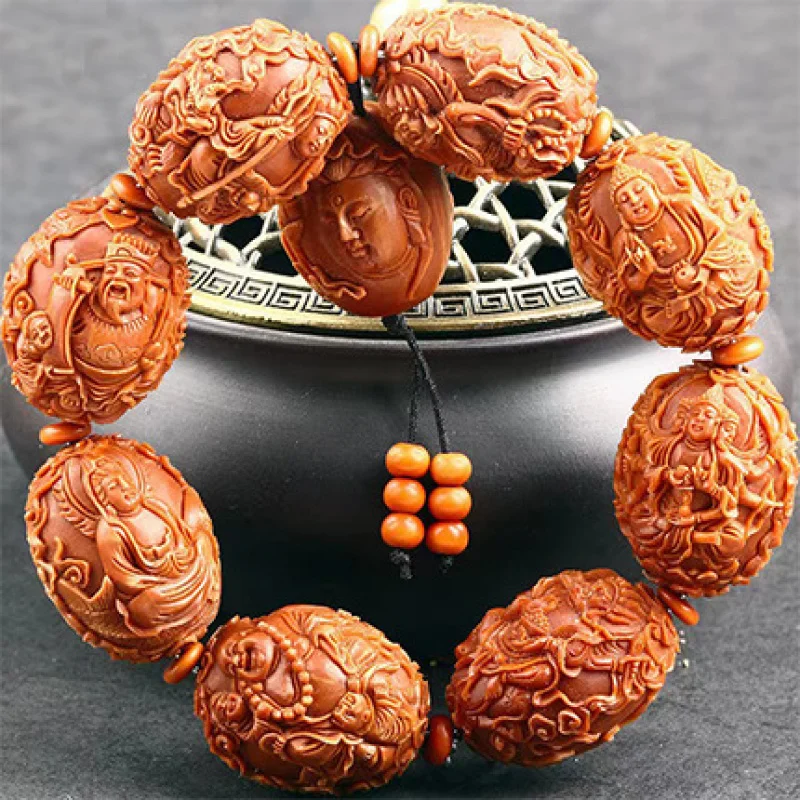 Nut -Stone Carving Buddha Emperor God of Wealth Maitreya Guanyin Olive Hu Bracelet