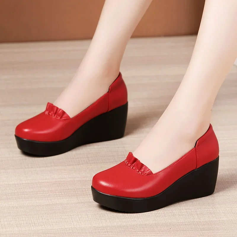 YAERNI Round head middle ages women shoes wedge heel office shoes women high heels platform ladies heels