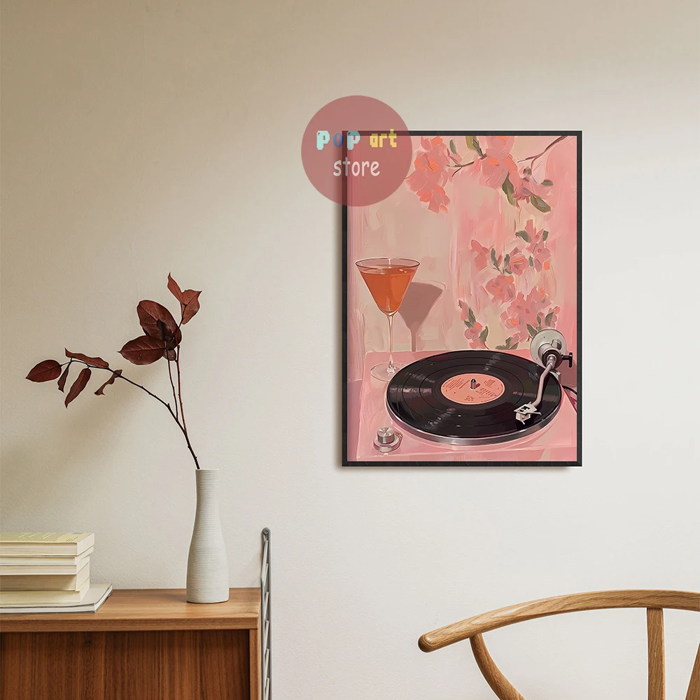 Vintage Art Record Player Records Aesthetic Decor Canvas Poster Bar Home Wall Decor Pink Decor Record Oil Painting Canvas Prints