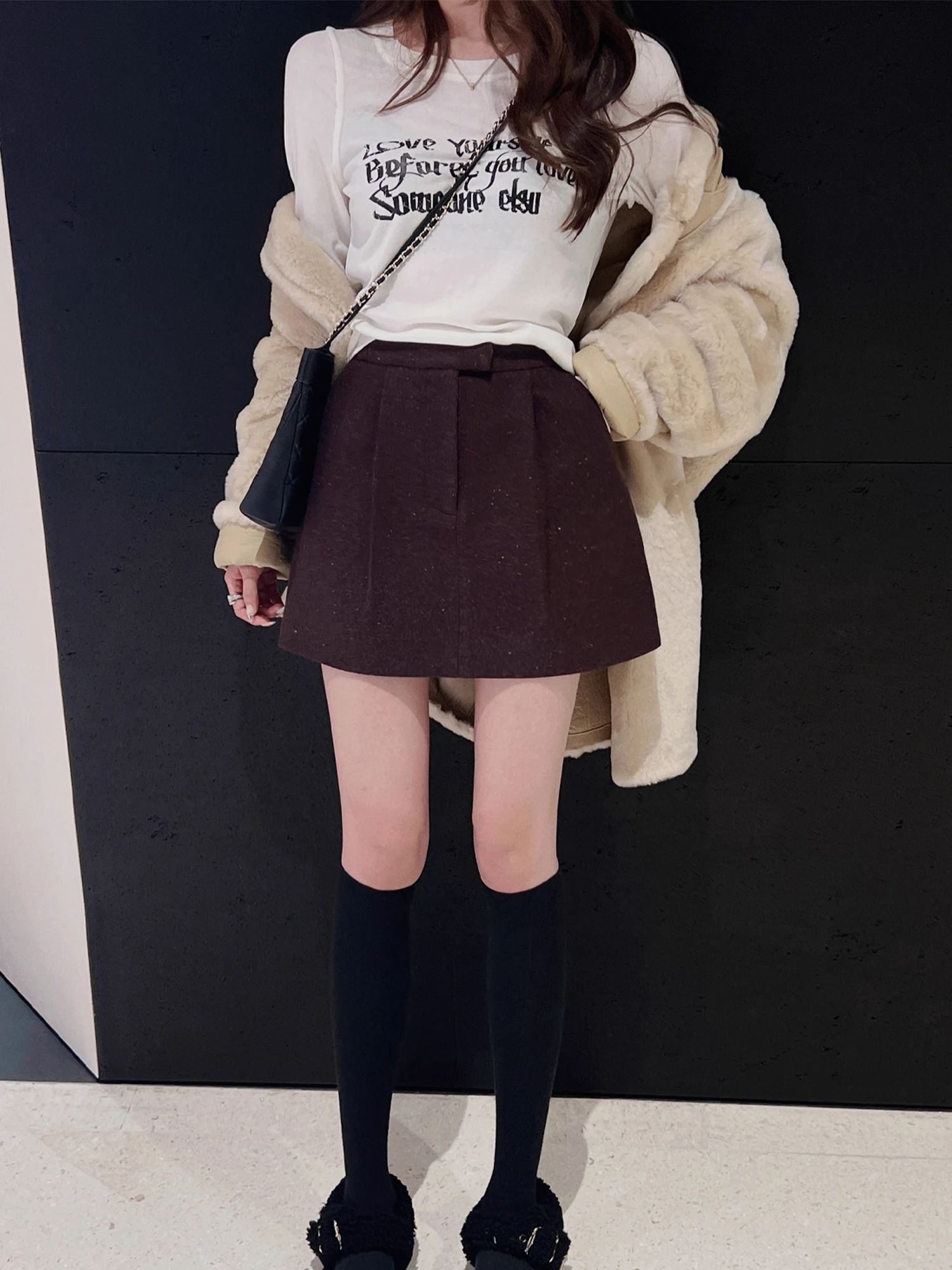 

High Waist Thickened Woolen A-Line Skirt Spring New Style Simple Design Versatile Short Skirt for Women Commute Wear