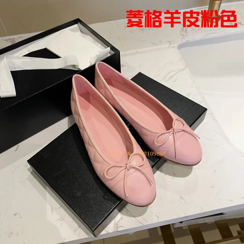 Blue with Black Toe Bowknot Flats Ballet Dance Shoes Women's Sheepskin Round Toe Shallow Mouth Comfortable Shoes Size 42