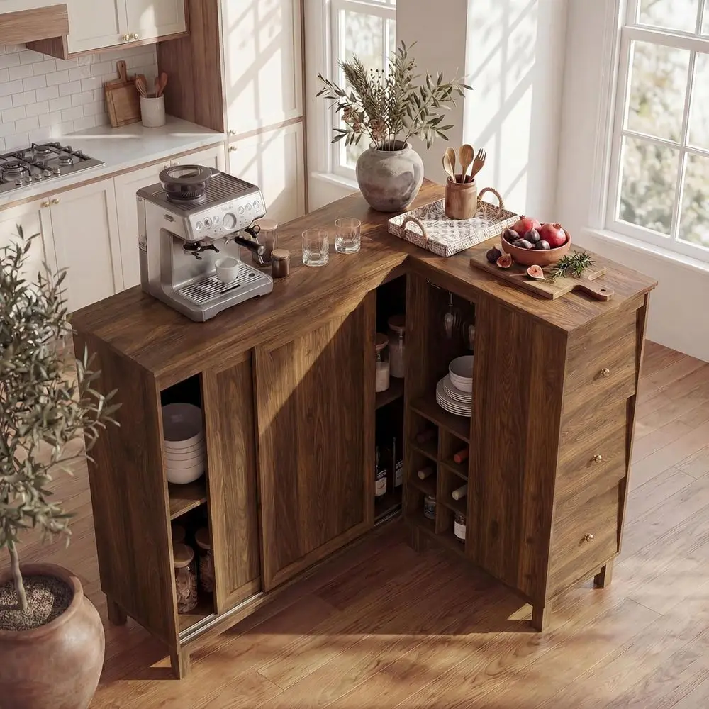 

L-Shaped Bar Cabinet with Charging, Storage & 3 Drawers, Large Table with Wine & Glass Rack for Living or Dining, Vintage Brown
