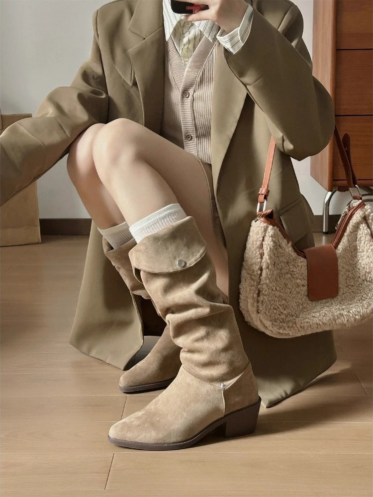 Retro Western Cowboy Boots Women V Neck Pointed Toe Chunky Heel Knee High Rider Boots Autumn Winter Slouch Long Boots