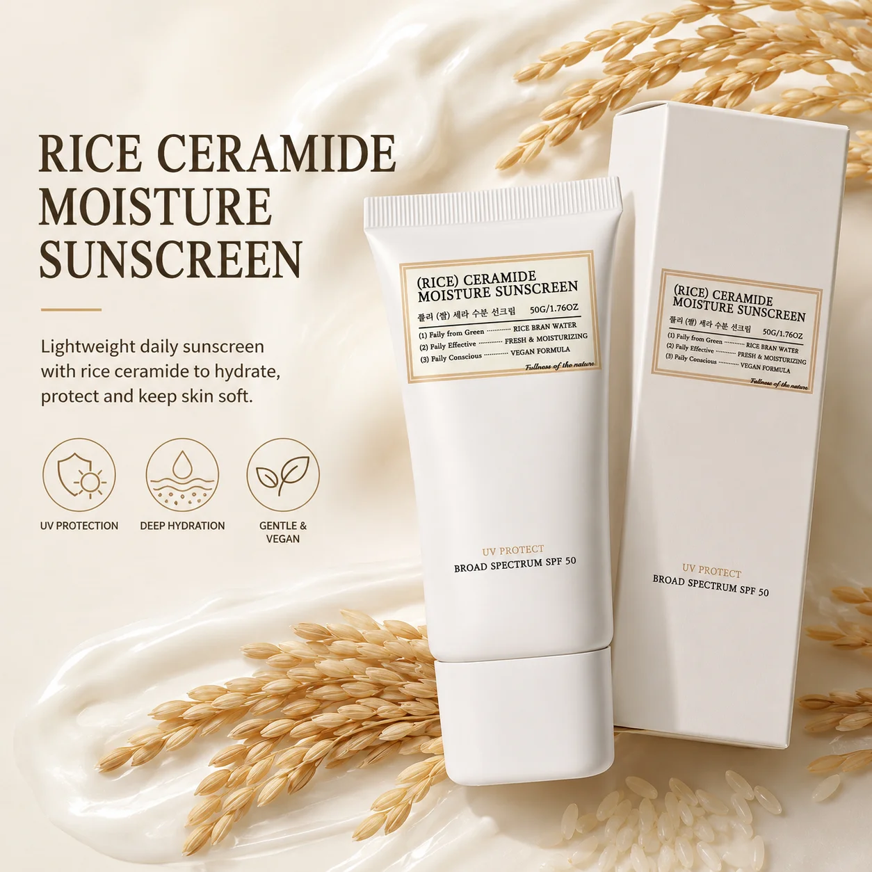 Rice Ceramide Moisturizing Sunscreen SPF 50 Broad Spectrum Sunscreen Lasting Hydrating Non-Sticky Lightweight For All Skin Types